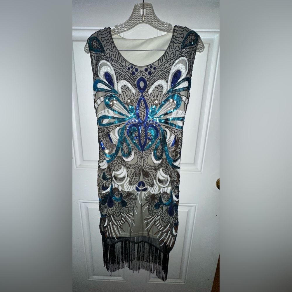 Unique Vintage 1920s Style Vintage Ivory & Black Mesh Fringe Flapper Dress